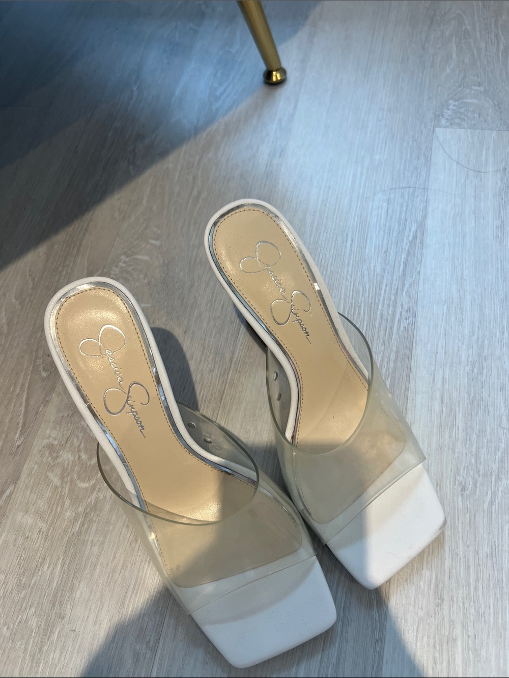 Jessica Simpson White Square-Toe Clear Strap Slide Heels